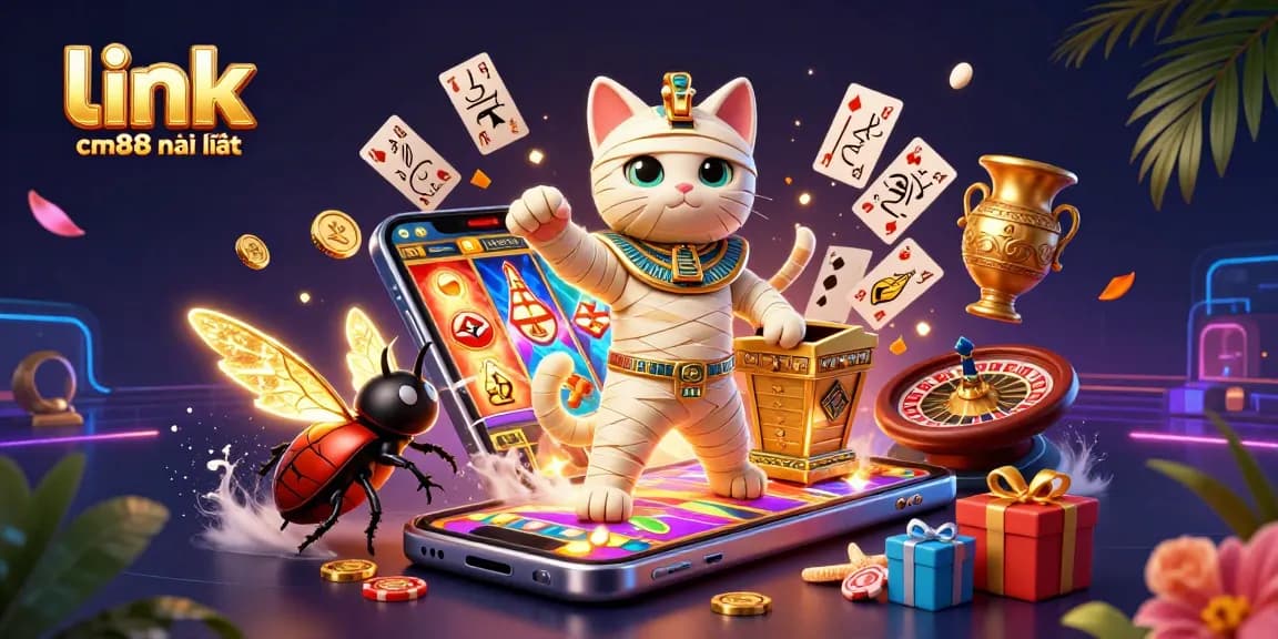 Win big with link cm88 mới nhất interactive games featuring an Egyptian mummy cat and slot machines.