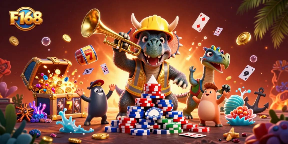 Engage in F168's exciting gaming experience with a vibrant 3D casino scene.