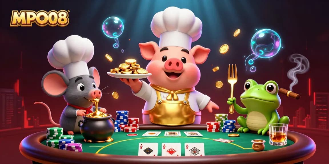 MPO08 platform showcases gourmet gold coins, luck, and high-stakes poker action.