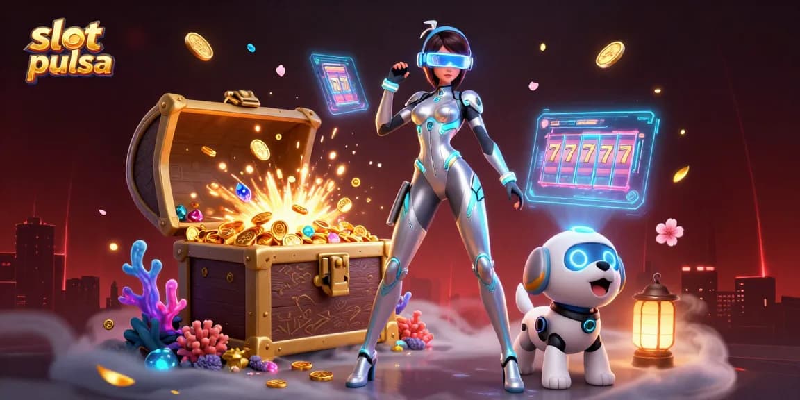 Experience the excitement of slot pulsa with a captivating 3D casino illustration featuring vibrant characters and elements.