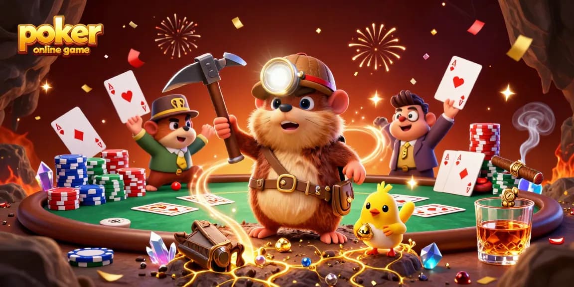 Engage in exciting poker online game action with a treasure hunter mole and canary in a vibrant scene.