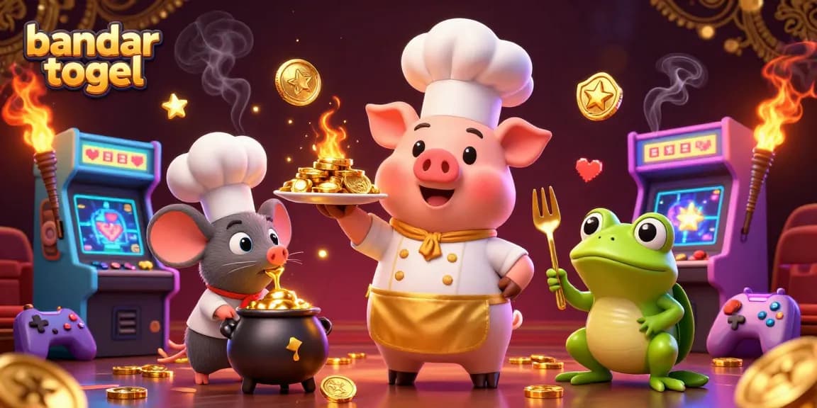 Experience bandar togel excitement with a chef pig serving gold coins in a vibrant gaming scene.