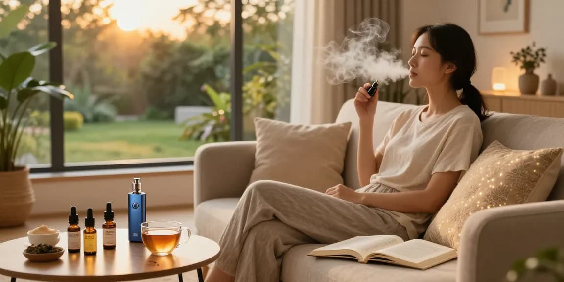 Lost Mary BM6000 vape device used in a relaxing wellness routine with CBD oil, promoting natural health benefits and tranquility.