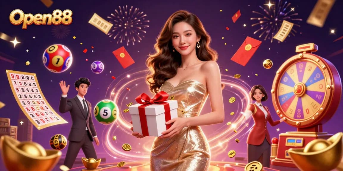Open88 engages players with a vibrant casino experience highlighted by festive decorations and exciting elements.