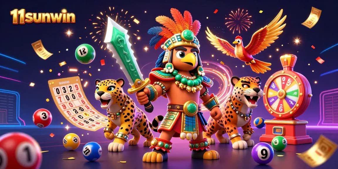 Experience 11sunwin's excitement with colorful lottery balls and energetic characters in a vibrant casino scene.