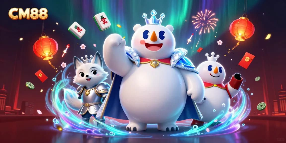 Win big at CM88 with engaging 3D casino-themed illustration showcasing festive gambling elements.