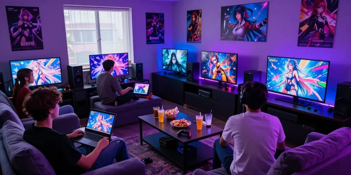 Friends enjoying vibrant hentai games in a gaming lounge with colorful screens and snacks.