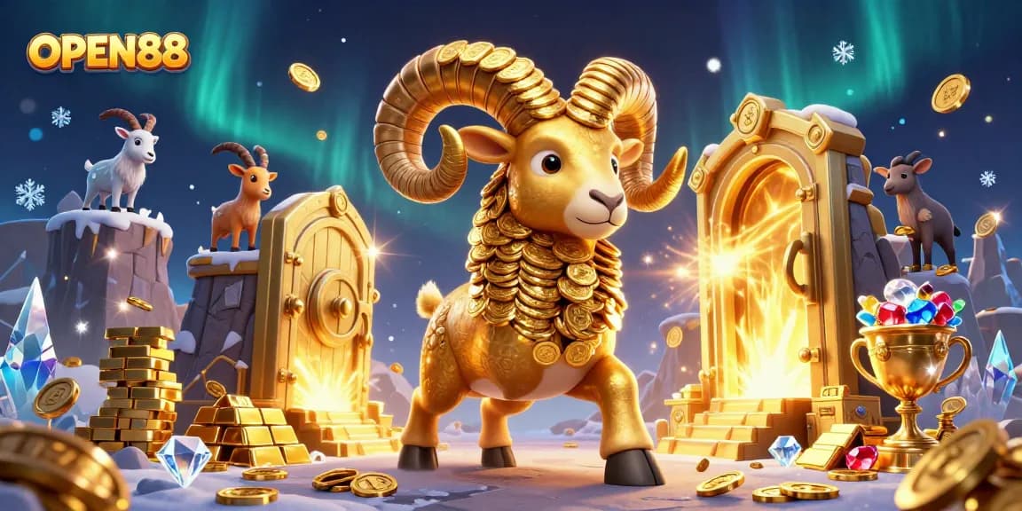 Experience the thrill of winning at OPEN88 with a massive ram charging through a treasure vault in a dazzling casino scene.