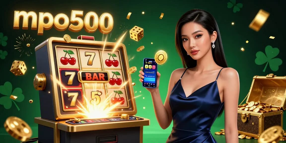 MPO500 players enjoy winning at slots, surrounded by coins, dice, and casino excitement.