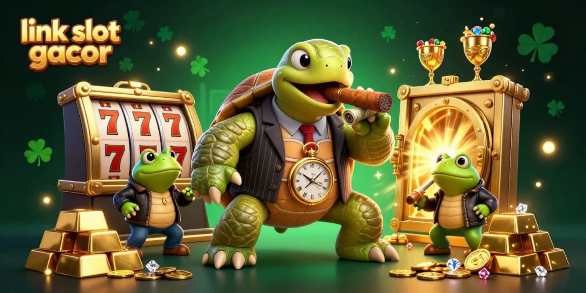 Experience thrilling action with link slot gacor as the turtle and bullfrogs celebrate big wins surrounded by treasures.