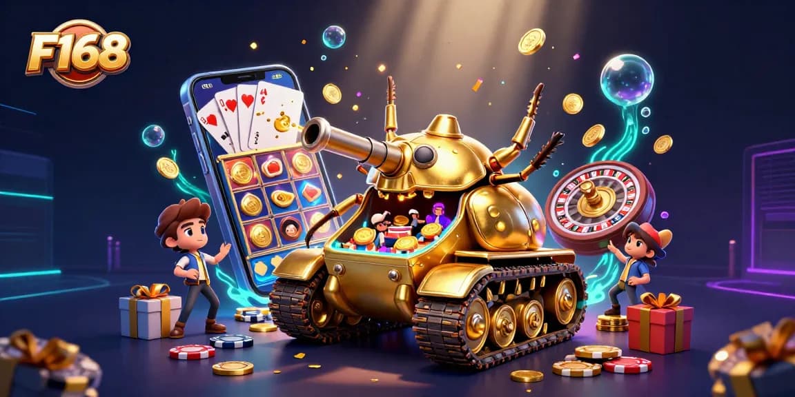Experience thrilling casino action with F168's golden beetle tank revealing a miniature casino.