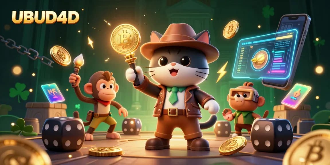 Spin to win at UBUD4D with an adventurous cat discovering golden treasures in a vibrant casino setting.