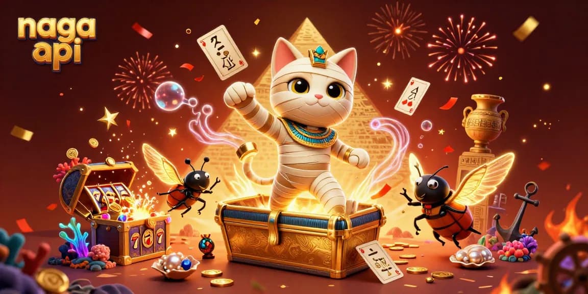 Experience thrilling slots with the dynamic Naga API scene featuring a mummy cat and treasure.