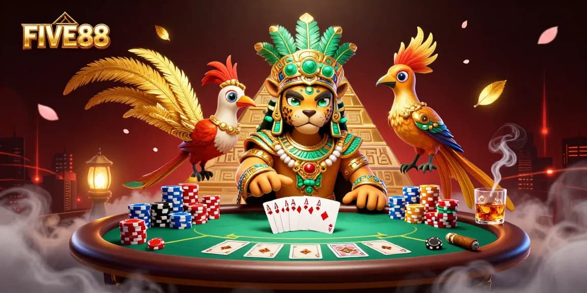 Experience immersive gameplay with FIVE88 and a vibrant poker scene featuring colorful characters.