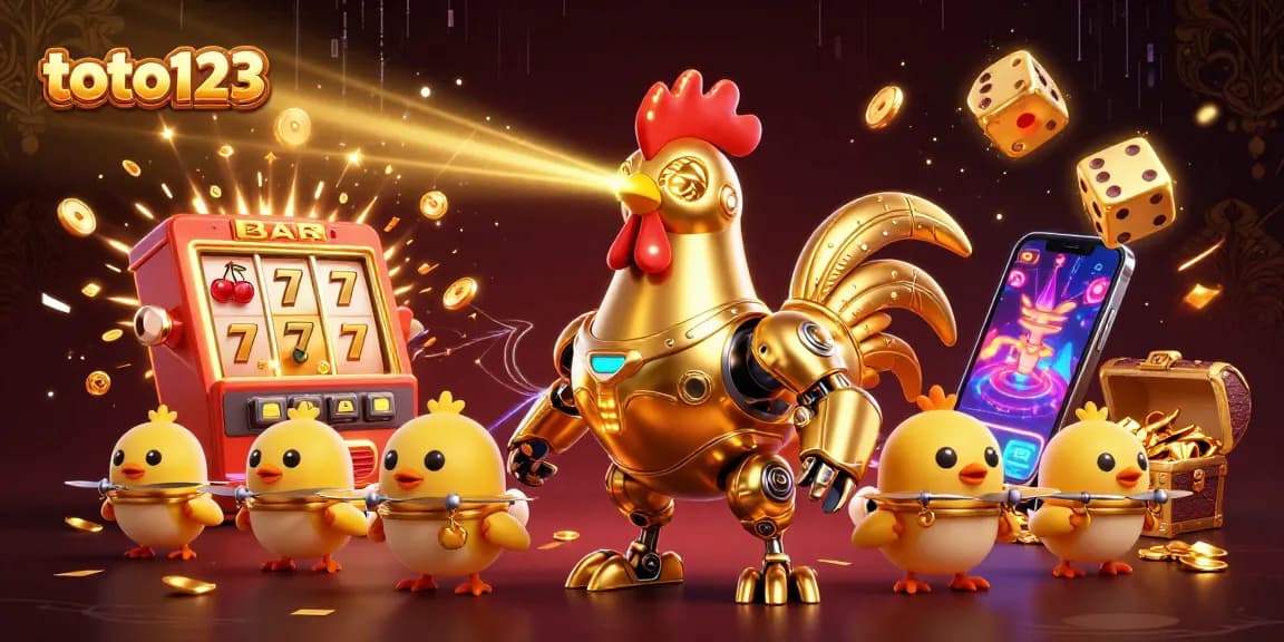 Experience thrilling action at toto123 with a golden rooster robot and baby chick drones in an exciting casino setting.