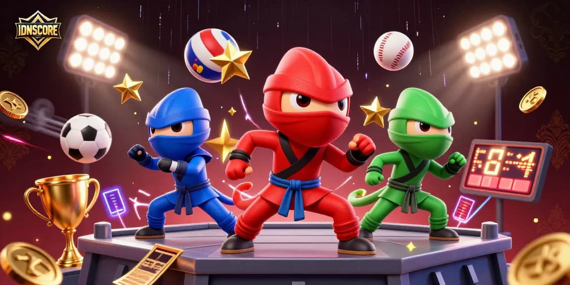 IDNSCORE showcases dynamic martial arts gameplay with a chameleon team, flying sports elements and a vibrant gambling atmosphere.