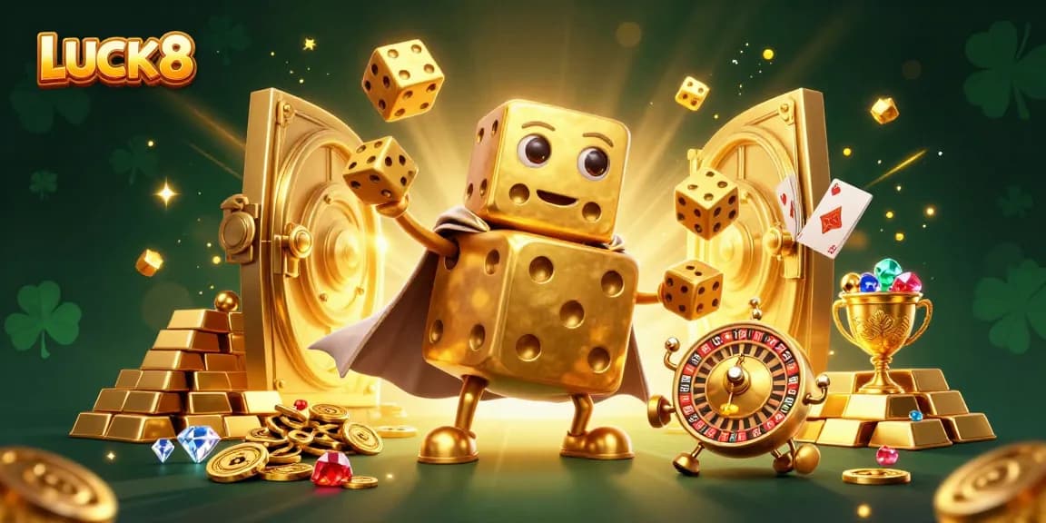 LUCK8 brings excitement with the golden dice golem and vibrant casino elements.