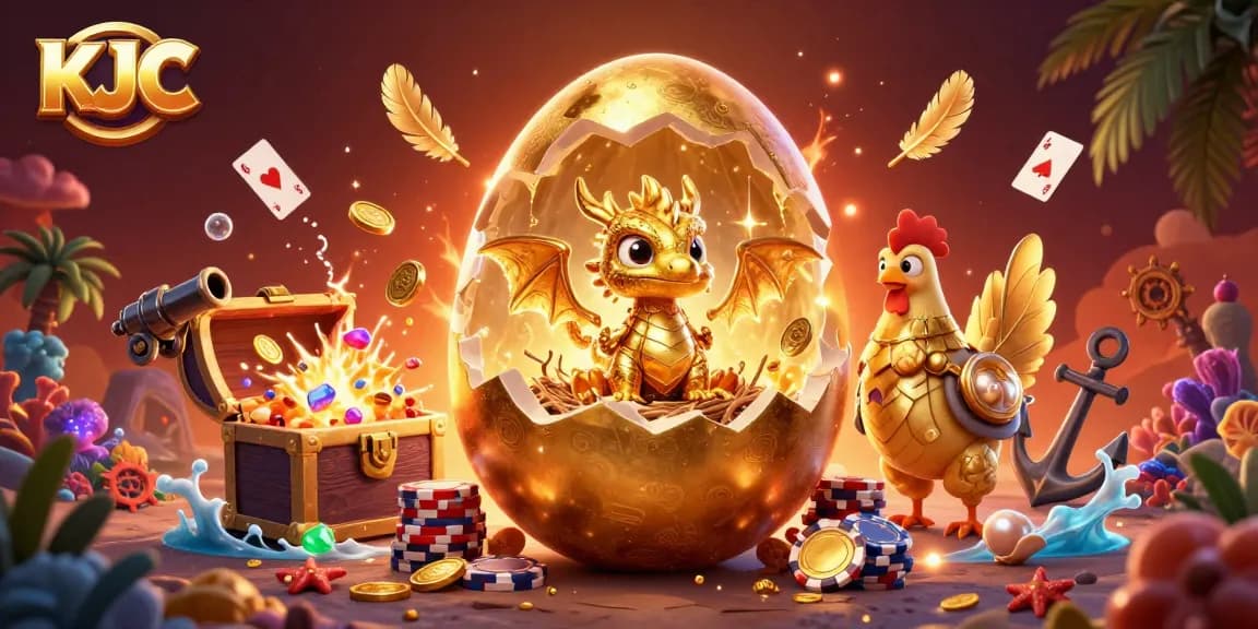 KJC promotes winning strategies with a golden dragon emerging from poker chips in a vibrant casino scene.