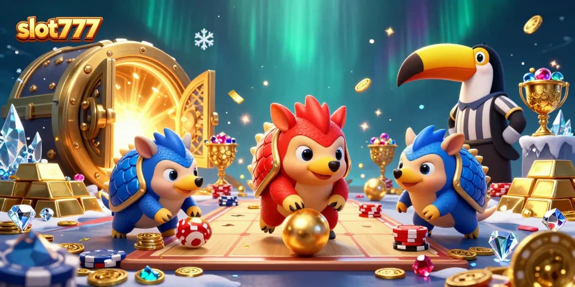 Compete with slot777 as a dynamic pangolin duo rolls through poker chips, showcasing vibrant casino energy.