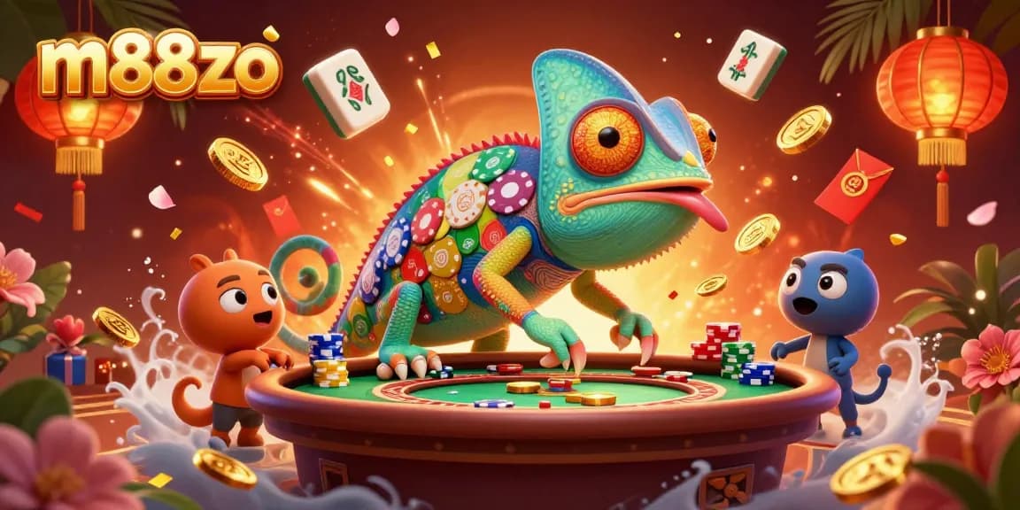 Experience the vibrant world of m88zo with a 3D chameleon casino owner collecting coins amidst lively gaming elements.