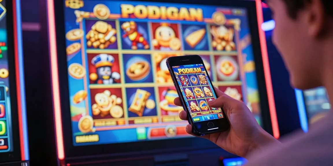 Deposit pulsa tanpa potongan scene showcasing an excited player engaging with vibrant online slots on their smartphone.