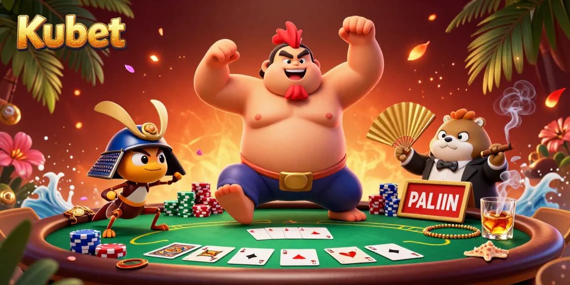Kubet showcases a powerful sumo wrestler rooster in a vibrant casino scene, emphasizing poker excitement and dynamic gaming.