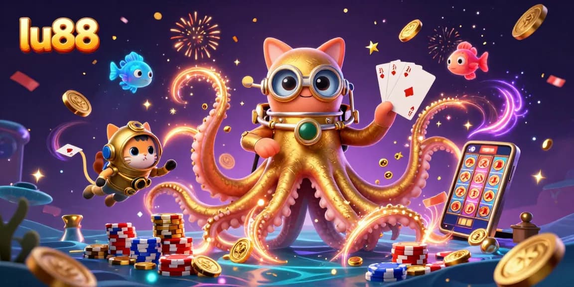 Experience excitement with lu88 as a kraken, diving cat, and glowing fish fill a vibrant casino scene.