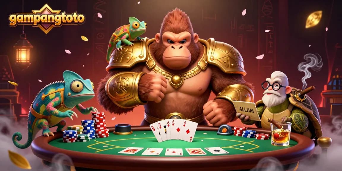 Gampangtoto mengunjungi kasino dengan raja gorila, chameleon, dan kura-kura, penuh warna dan detail.