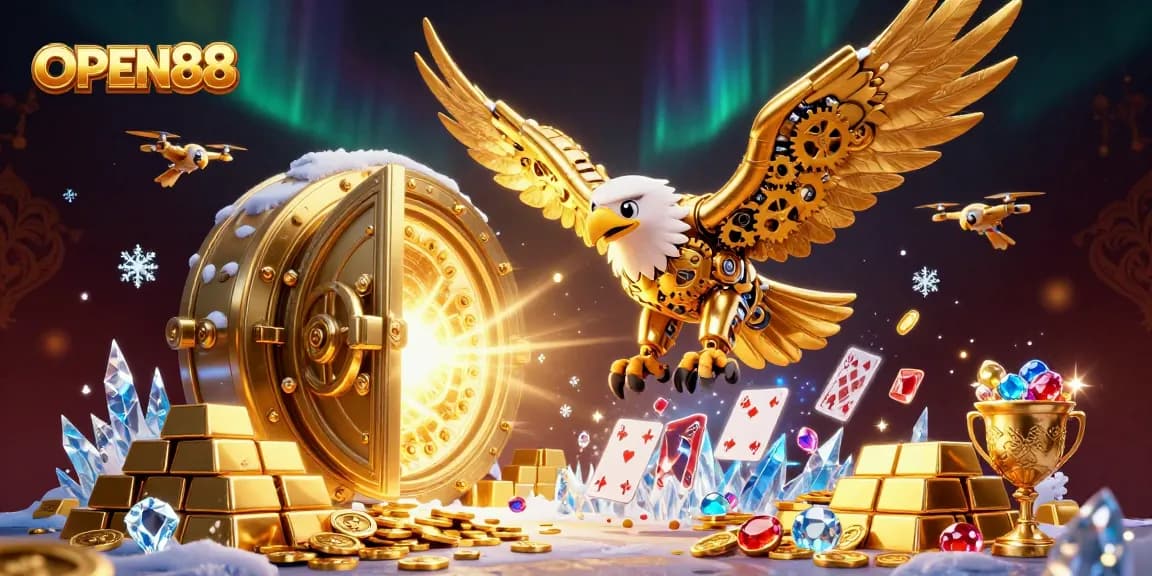 Experience the excitement of OPEN88 with a dazzling 3D illustration featuring a golden eagle and lottery elements.