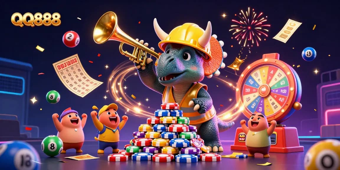 Experience thrilling wins with QQ888, a vibrant scene of dynamic gaming elements celebrating casino luck.