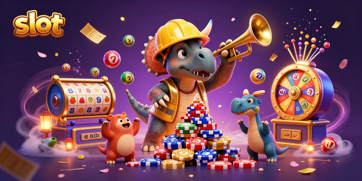 Menangkan slot dengan keseruan triceratops membangun piramida chip poker dalam ilustrasi 3D yang kaya.