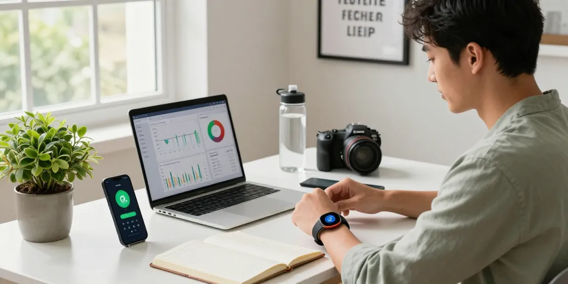 Engaged individual using a smart ring in a tech-focused home office.