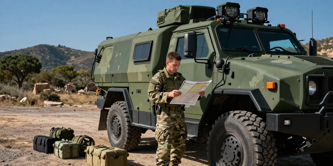 88m com Motor Transport Operator reviewing logistics by military vehicle in a rugged setting.