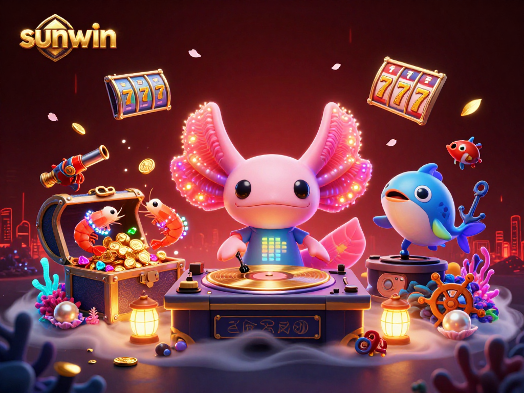 Experience sunwin's underwater casino vibes with vibrant axolotl DJ and dynamic treasure elements.