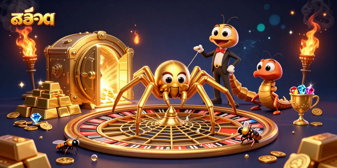 Experience thrilling สล็อต action with a golden spider and fly at a roulette-themed casino.
