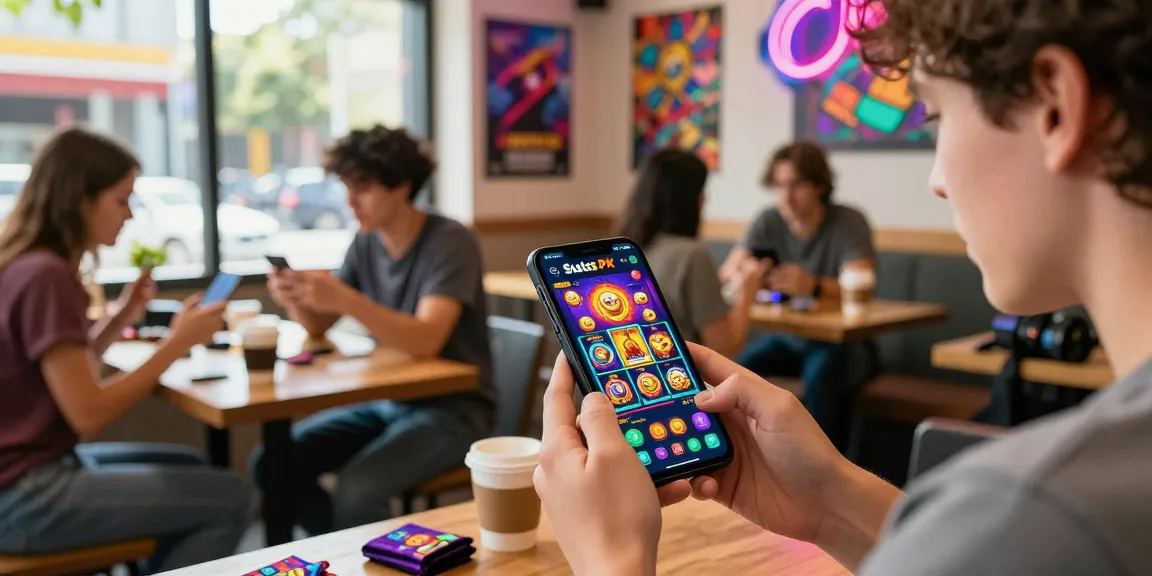 Exciting gaming moment showcasing the new app Slots PK in a lively cafe setting.