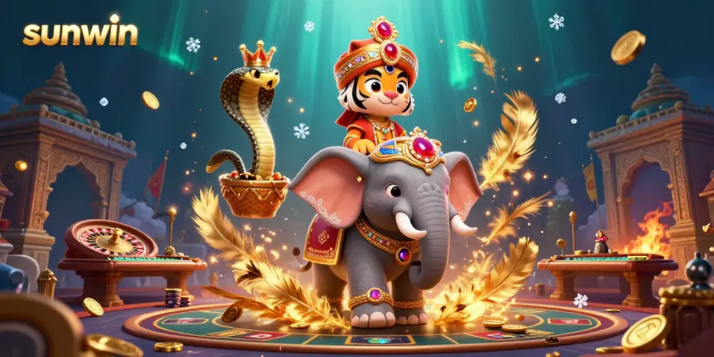 Experience the thrill of sunwin with a 3D scene featuring a majestic tiger and jewel-encrusted elephant in a vibrant casino
