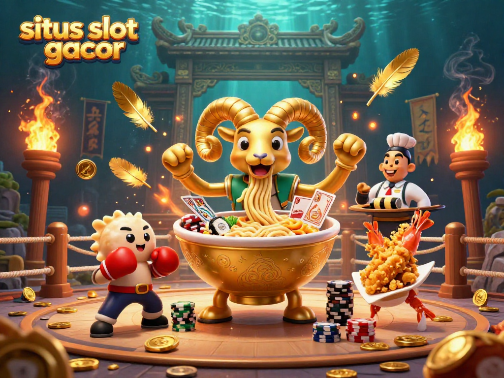 A dynamic scene depicting a whimsical giant golden ramen bowl, symbolizing situs slot gacor, dealing cards and stacking chips amid vibrant casino elements.