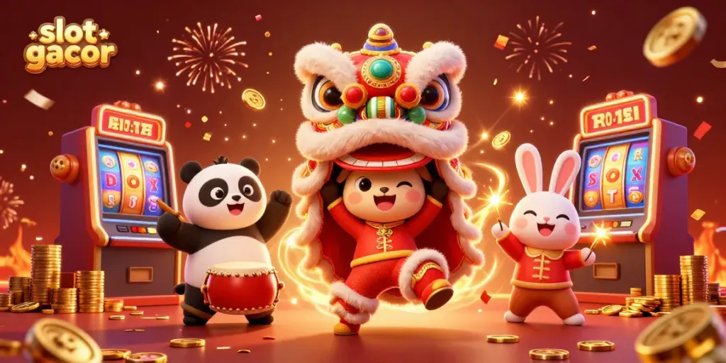Experience the thrill of slot gacor with dynamic characters celebrating wins among vibrant slot machines.