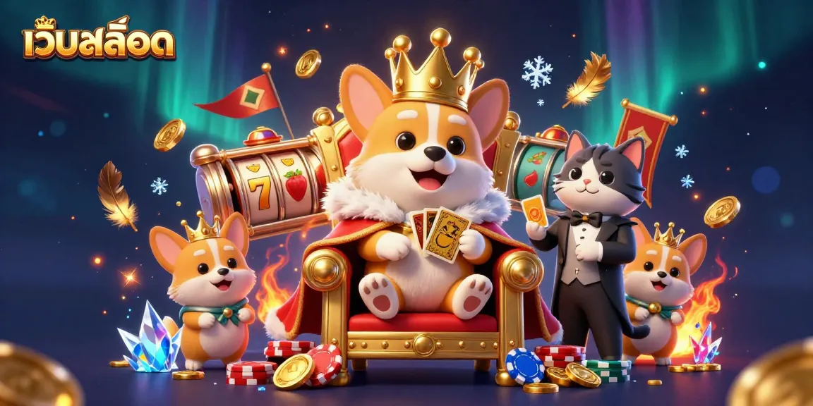 Spin the เว็บสล็อต jackpot with royal corgi, cat butler, and gold coins in a vibrant casino scene.
