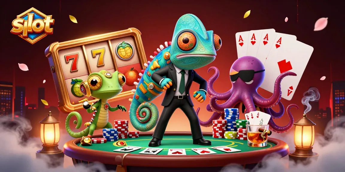 Slot gacor memikat dengan chameleon agen menjalani permainan sambil dikelilingi simbol jackpot.