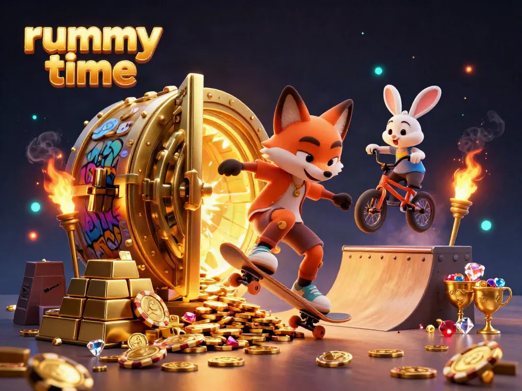 Experience thrilling rummy time gameplay with vibrant illustrations of a fox and rabbit in a casino-themed scene.