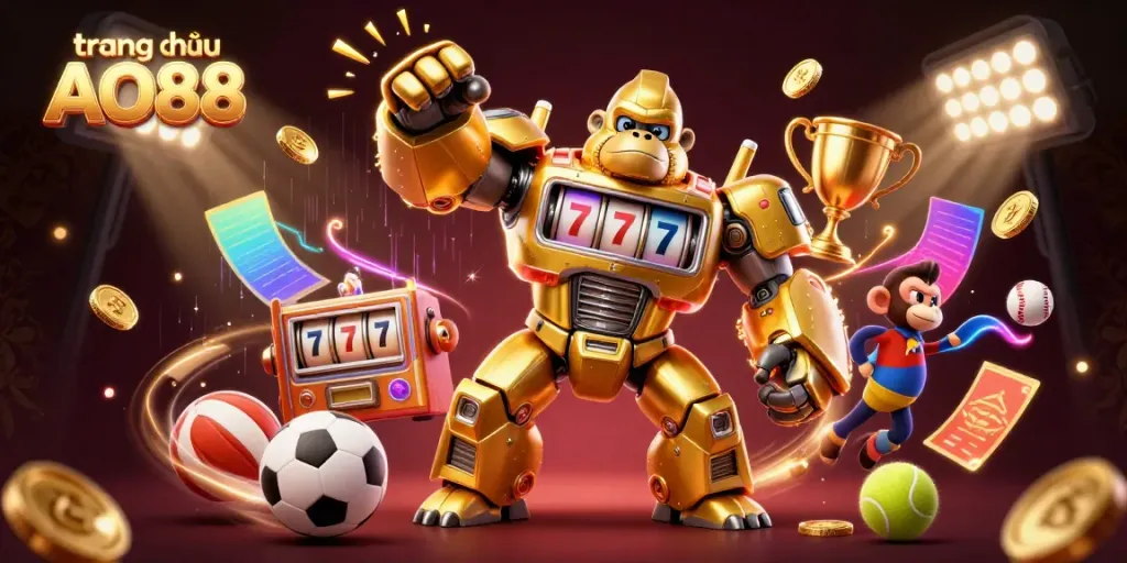 Engage with the dynamic world of trang chủ AO88 featuring a golden gorilla mech and dazzling sports elements.