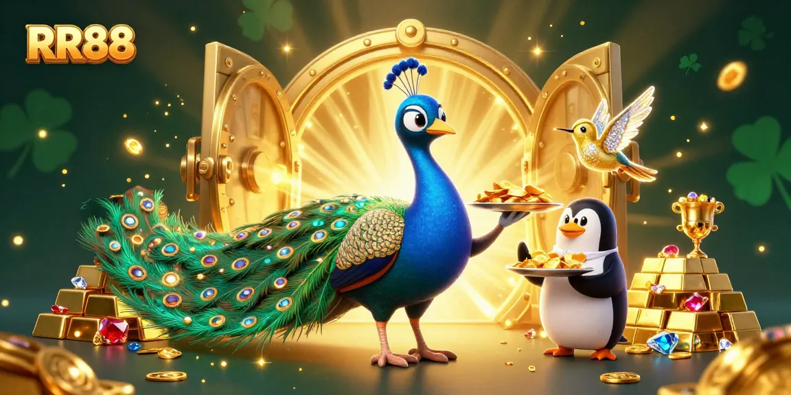 Experience the excitement of RR88 casino with vibrant 3D characters among gold treasures and dynamic gaming elements.