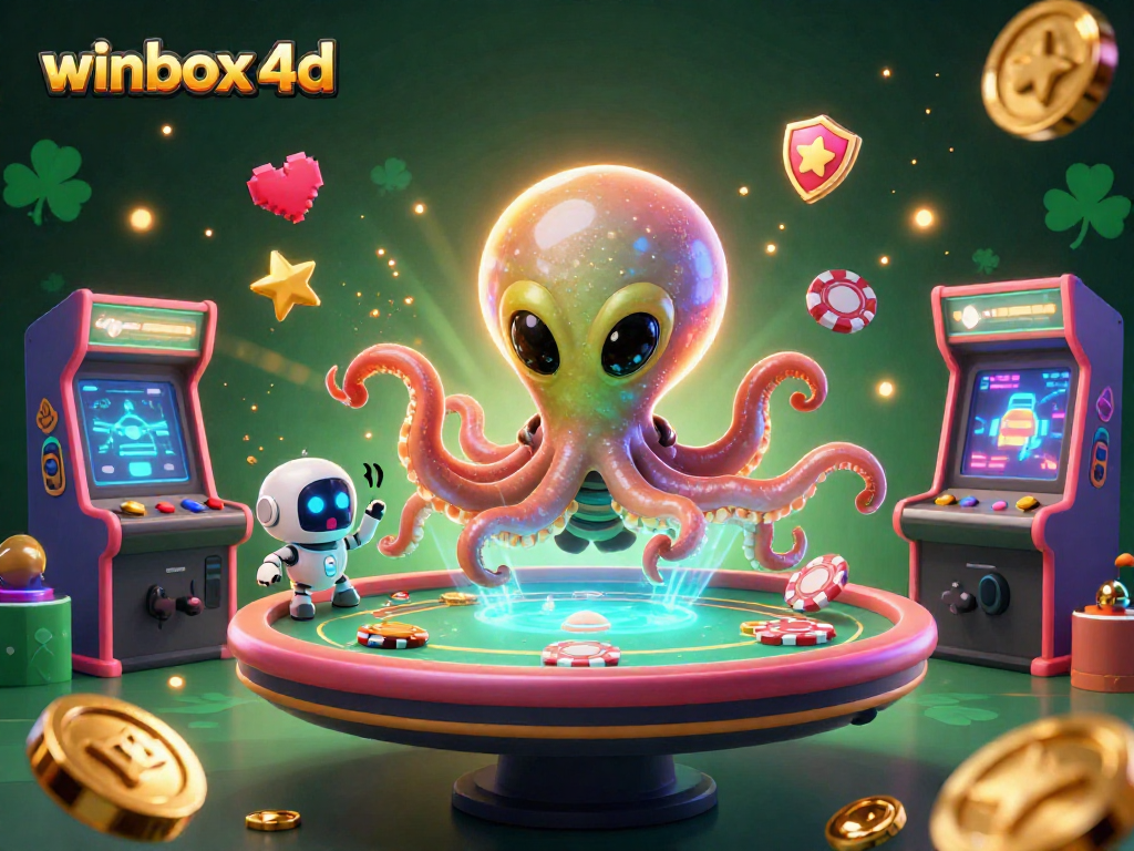 Experience the thrill of winbox 4d with an alien octopus at a holographic poker table.