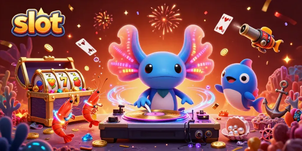 Experience the thrill of slots with vibrant underwater party scene featuring colorful characters and slot elements.
