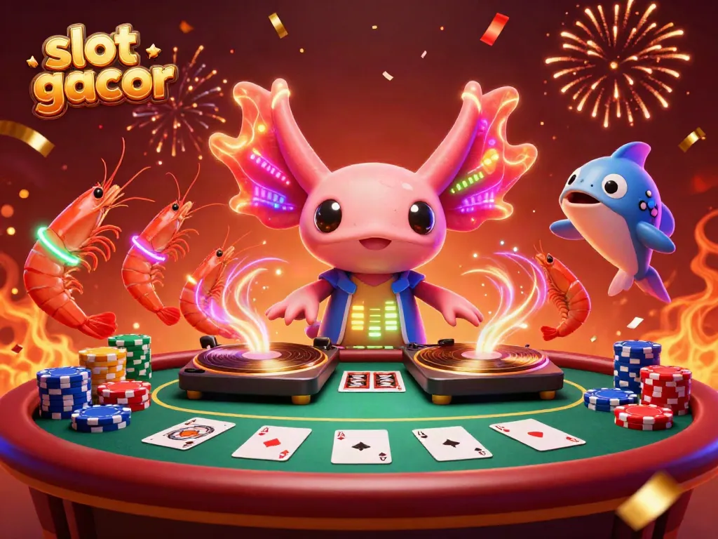 Experience the thrill of slot gacor in a vibrant casino scene featuring a lively axolotl DJ.
