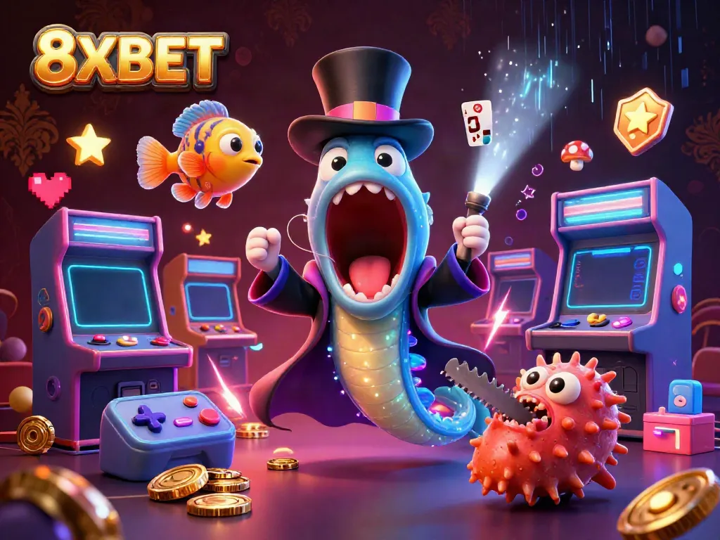 8XBET magic performance featuring a deep-sea gulper eel, anglerfish, and a sea cucumber, showcasing vibrant casino elements.