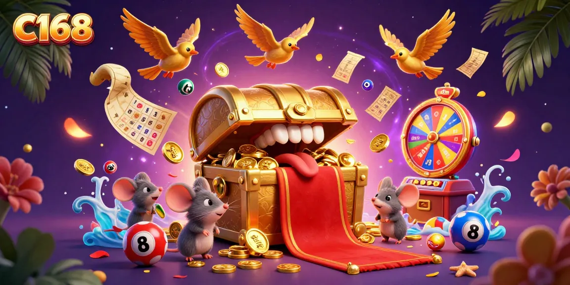 C168 showcases a vibrant 3D casino scene with treasure chests, golden birds, and lottery balls bouncing, enticing players.