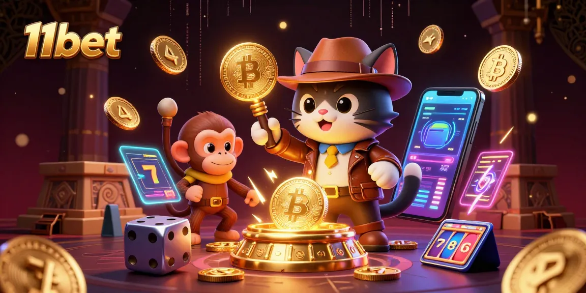 Engage with the vibrant 11bet crypto casino scene where an explorer cat uncovers treasures among glowing currencies and slot reels.